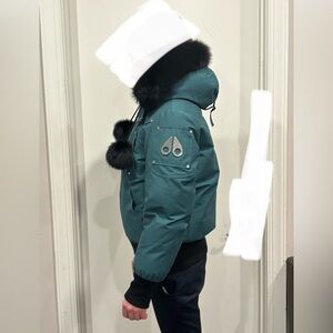 Moose Knuckles Teal Short Parka with Black Fur Hood